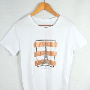 Guess Women's Blouse XL White Gold Crystal Eiffel Tower T-shirt Top Shirt